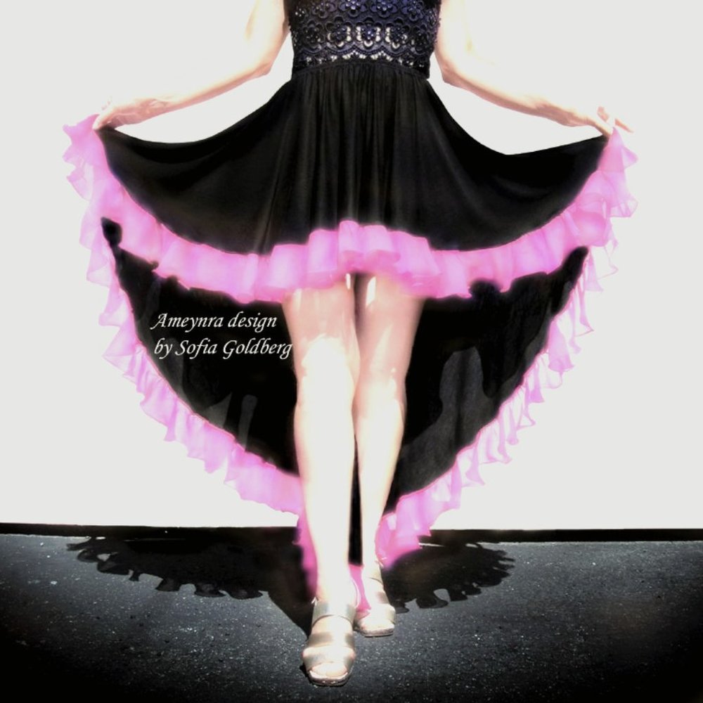 Ameynra high low skirt black rayon with pink chiffon ruffle